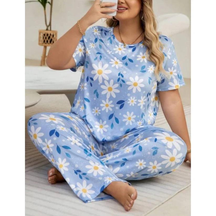 Sky Blue Flowers Print Half Sleeves T-Shirt With Flowers Print Trouser The Ultimate Dream Wear Sleep Suit (OM-95)