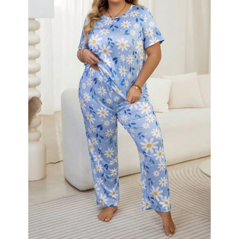 Sky Blue Flowers Print Half Sleeves T-Shirt With Flowers Print Trouser The Ultimate Dream Wear Sleep Suit (OM-95)