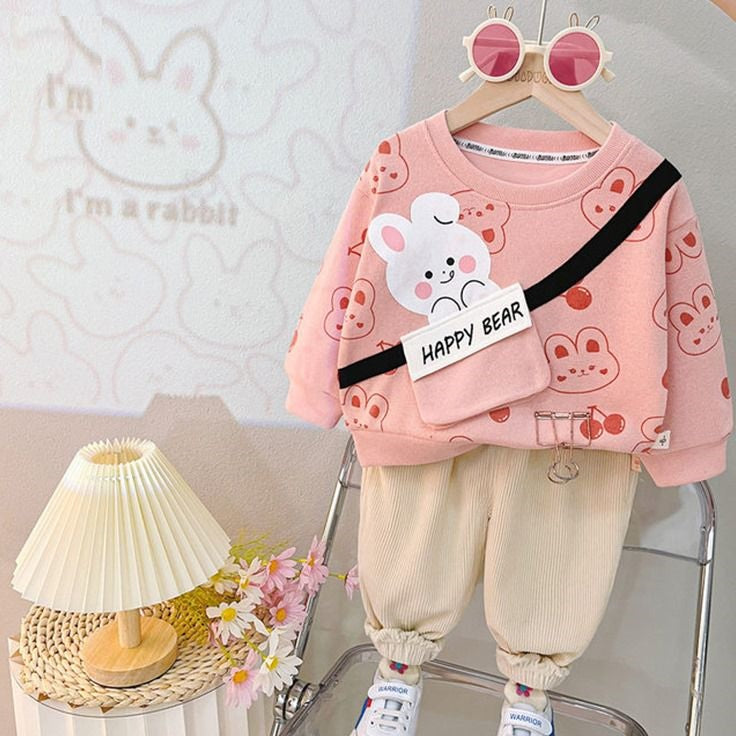 Pink Happy Bear Pocket Sweatshirt with Trouser Winter Tracksuit (OM-614)