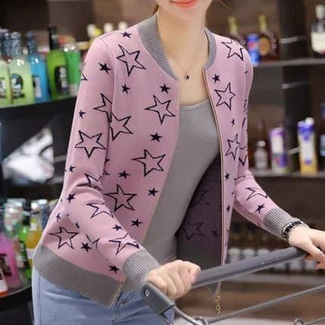 Pink Women's Star Printed Zipper Double Fleece Jacket (OM-4004)