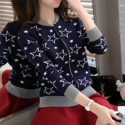 Dark Blue Women's Star Printed Zipper Double Fleece Jacket (OM-4005)