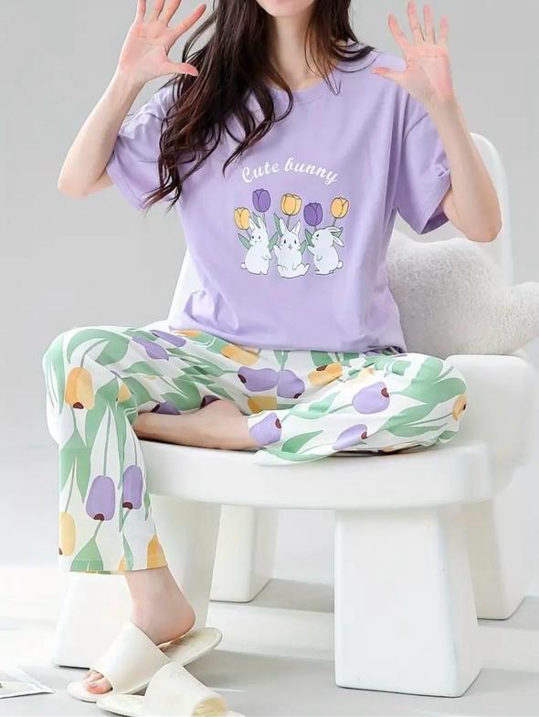 Lilac bunny Printed Half Sleeves Night Suit The Ultimate Dream Wear Sleep Suit (OM-117)