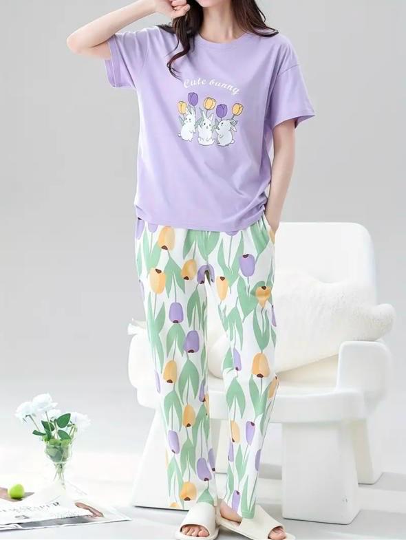 Lilac bunny Printed Half Sleeves Night Suit The Ultimate Dream Wear Sleep Suit (OM-117)