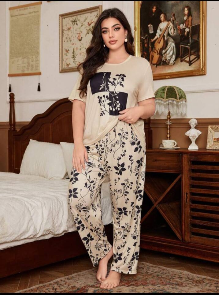Skin Leaves Printed Half Sleeves T-Shirt with Leaves Printed Trouser Dream Wear Sleep Suit (OM-123)