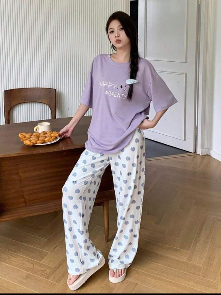 Lilac Happy Moments Printed T.shirt with Hearts Printed Trouser Dream Wear Sleep Suit (OM-125)
