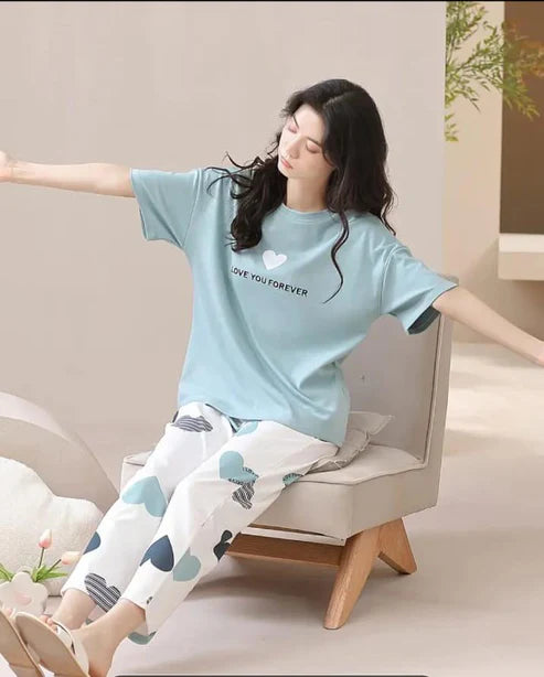 Sky blue Love you forever hearts Print Half Sleeves The Ultimate Dream Wear Sleep Suit (OM-134)