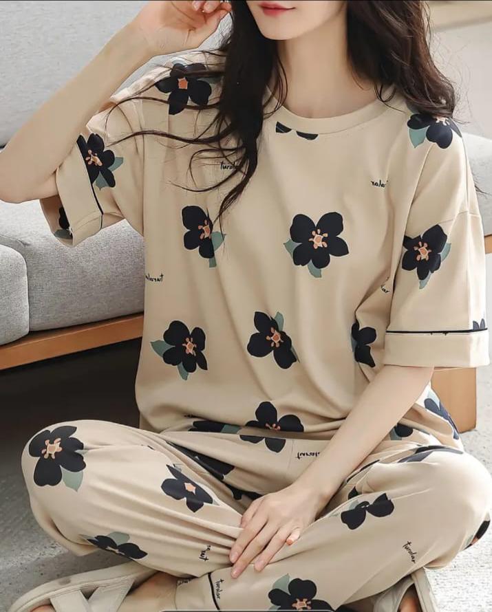 Brown BIG Black all over flowers Print Half Sleeves The Ultimate Dream Wear Sleep Suit (OM-131)