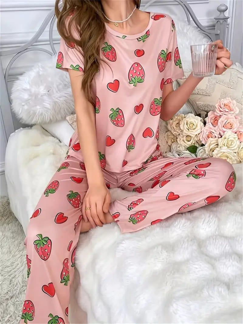 Pink All over Strawberry Half Sleeves with Printed pajama  The Ultimate Dream Wear Sleep Suit (OM-132)