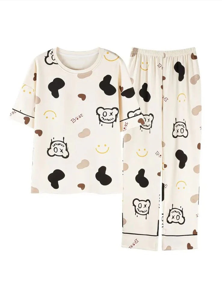 Off White Multi Monster  Bear Half Sleeves Printed Night Suit The Ultimate Dream Wear Sleep Suit (OM-142)
