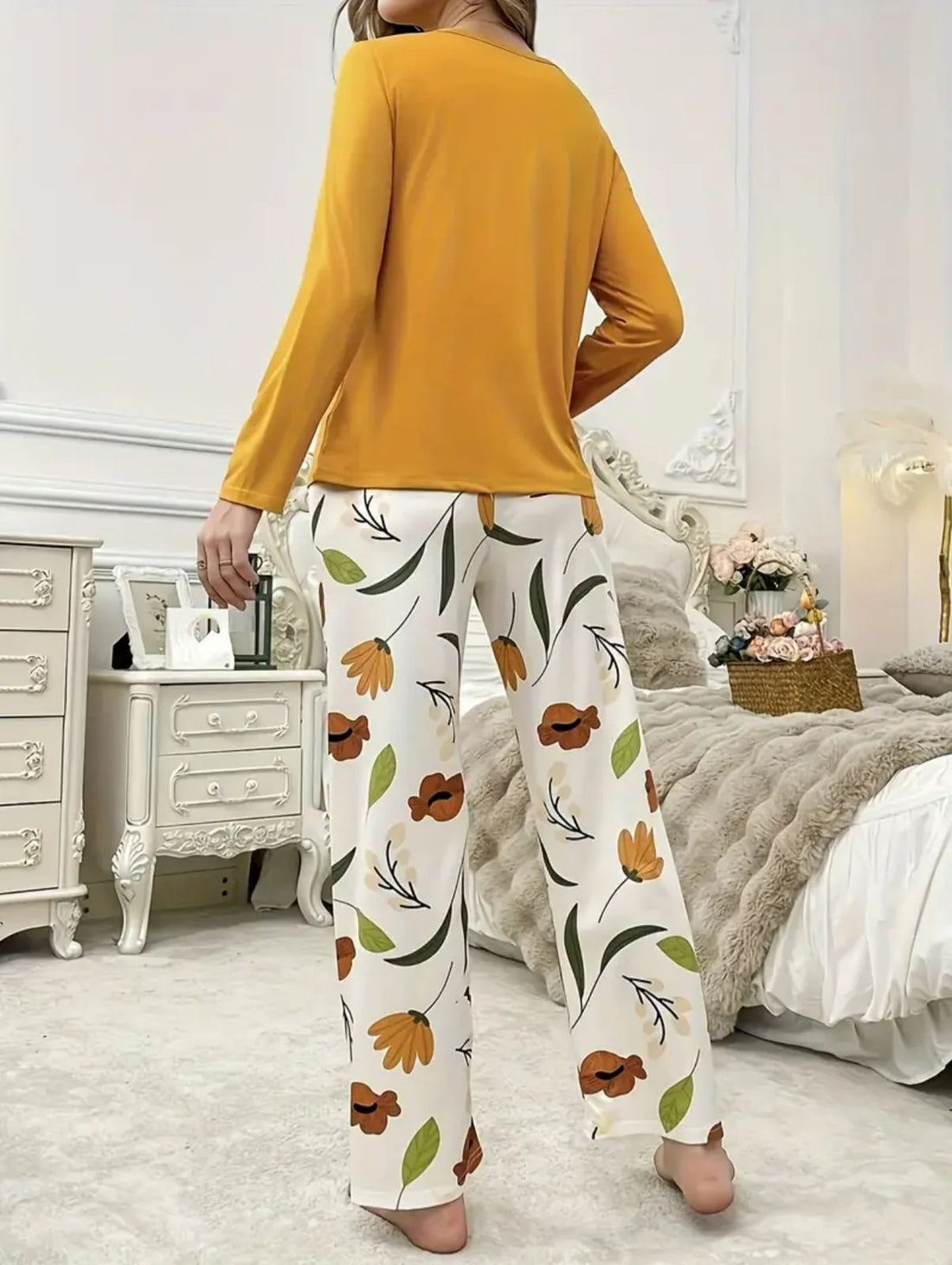 Mustard Pocket Flower Full Sleeves with Flower Printed Trouser The Ultimate Dream Wear Sleep Suit (OM-144)