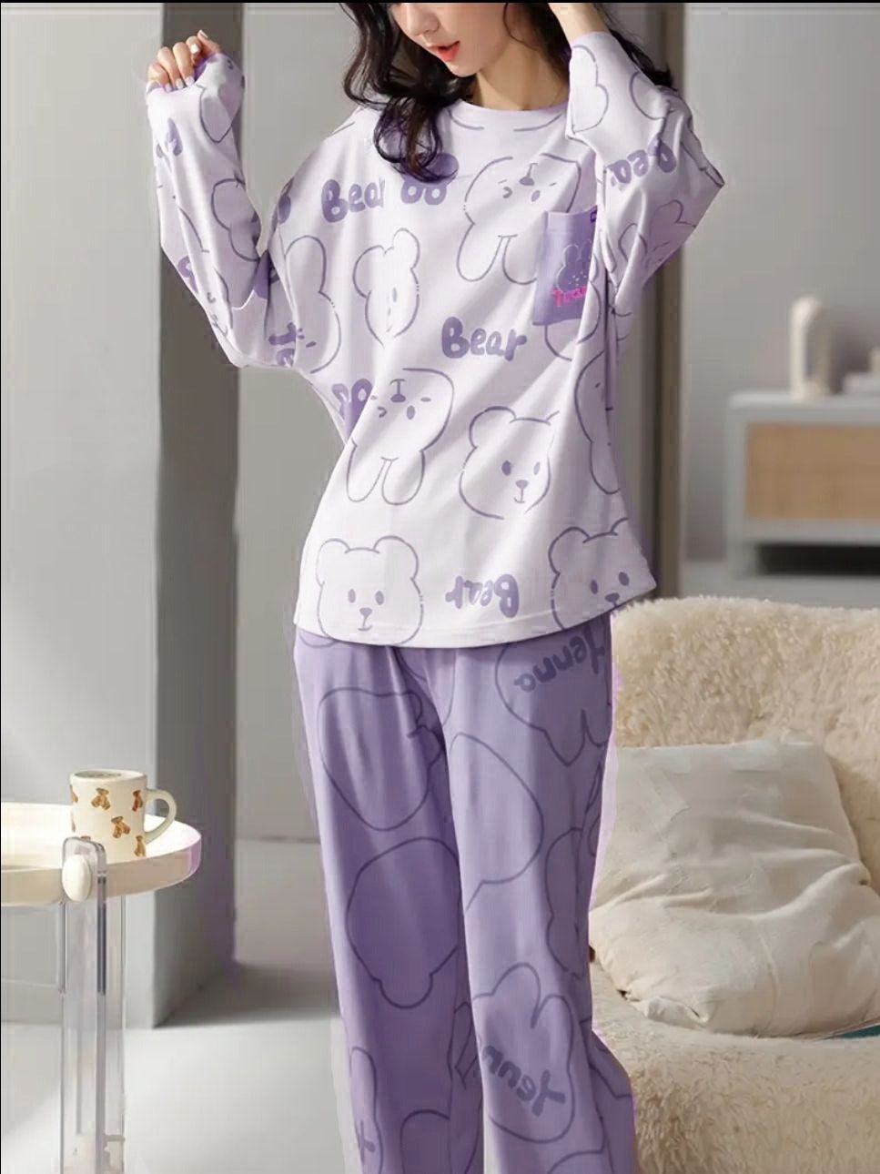 White Bear with Lilac Printed Pj The Ultimate Dream Wear Sleep Suit (OM-152)