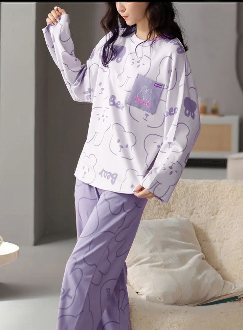 White Bear with Lilac Printed Pj The Ultimate Dream Wear Sleep Suit (OM-152)