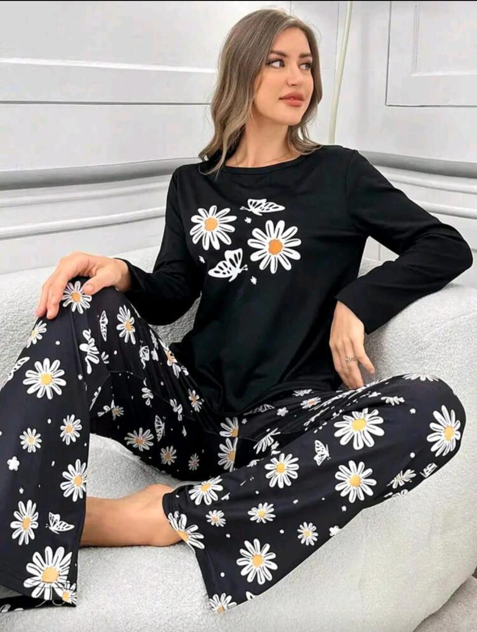 Black Sunflowers Printed Full Sleeves PJ The Ultimate Dream Wear Sleep Suit (OM-153)