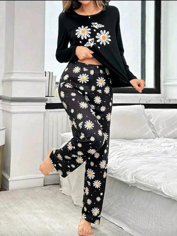 Black Sunflowers Printed Full Sleeves PJ The Ultimate Dream Wear Sleep Suit (OM-153)