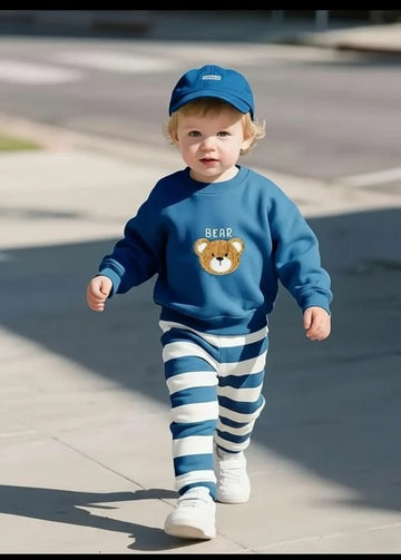 Blue Bear with stripes pajama Winter Kids Tracksuit (OM-635)