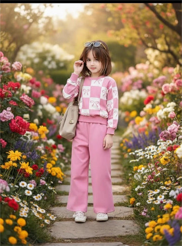 Pink Checkered Bow with Pink pajama Kids track suit Little Trendsetter Stylish Winter Girls Tracksuit (OM-632)
