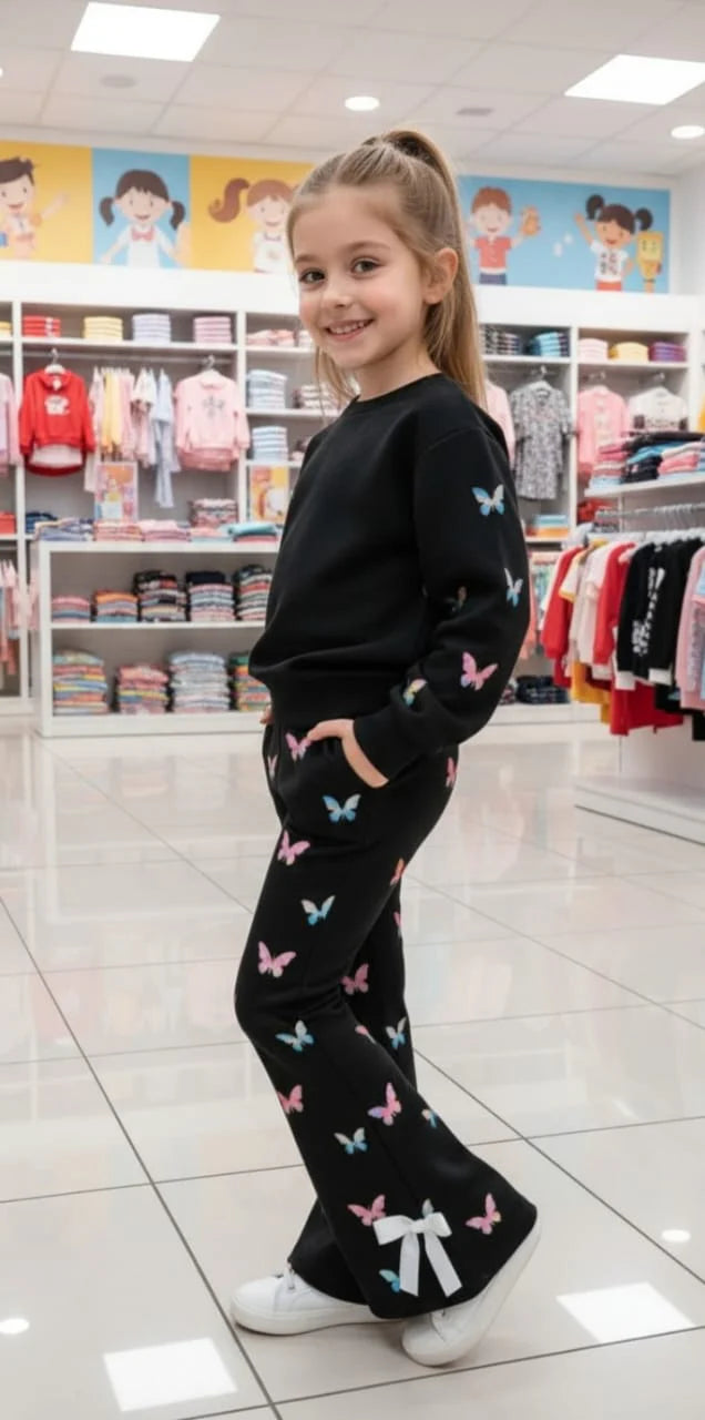 Black All Over Butterfly with Butterfly Printed pajama Little Trendsetter Stylish Winter Girls Tracksuit (OM-633)