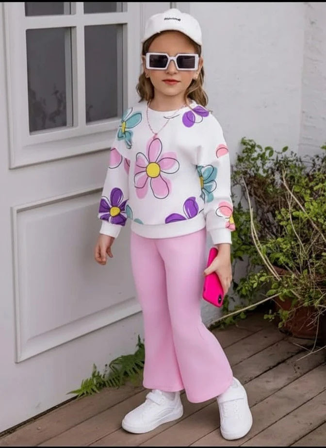 Off white Multi Big Flower Printed with Pink pajama Winter Girls Tracksuit (OM-634)