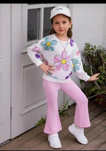 Off white Multi Big Flower Printed with Pink pajama Winter Girls Tracksuit (OM-634)