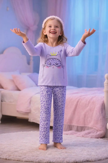 Lilac Sleeping Cat Printed T-shirt With Cheetah Print Trouser The Ultimate Kids Suit (OM-392)