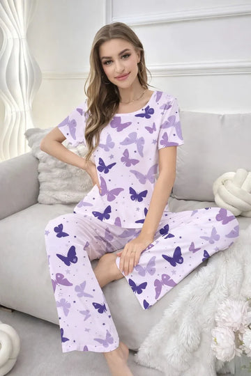 Purple All Over Butterflies Printed half sleeves night suit for her The Ultimate Dream Wear Sleep Suit (OM-177)