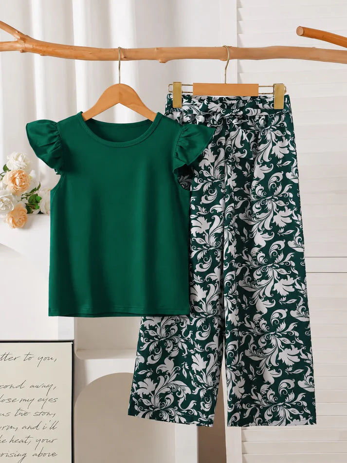 New Plain Green T-shirt With Floral Printed Trouser The Ultimate Kids Suit (OM-431)