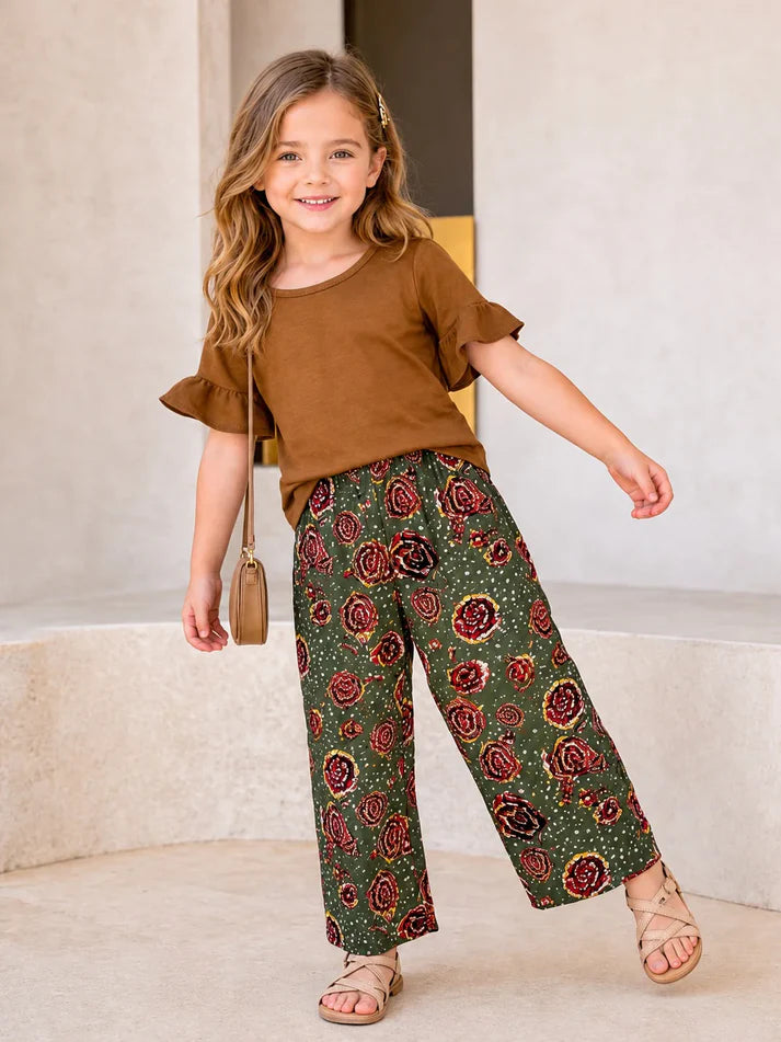 New Plain Brown T-shirt With Green Flowers Printed The Ultimate Kids Suit (OM-432)