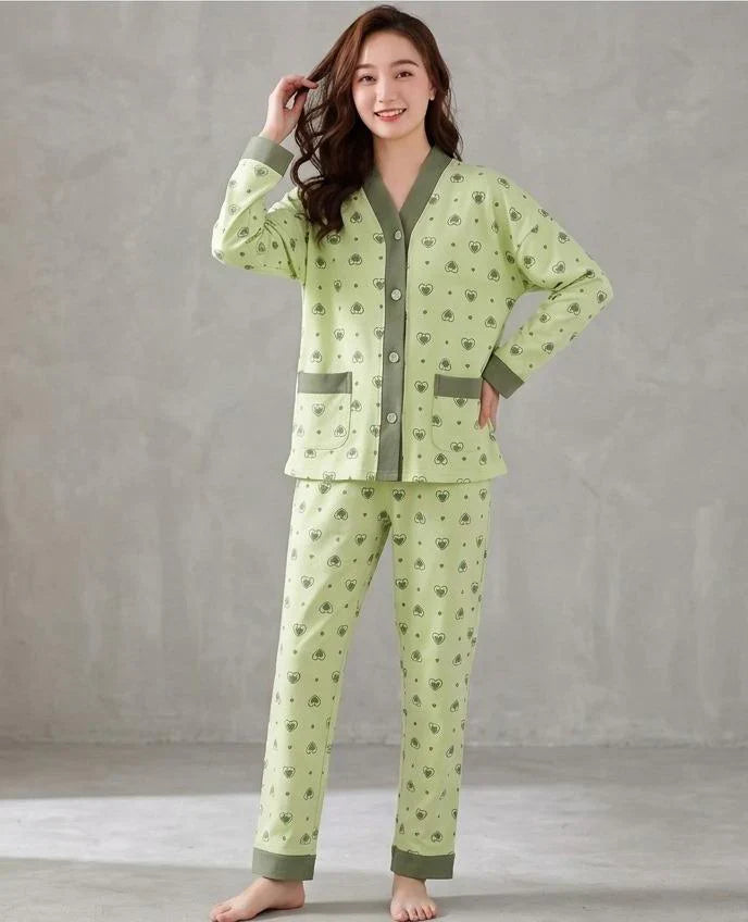 Green All Over Hearts Printed Button Style Pjs Set
