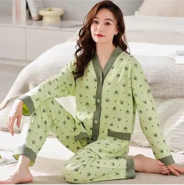 Green All Over Hearts Printed Button Style Pjs Set