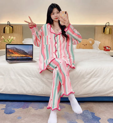 Sweet Heart And Stripe Printed Button Pjs For Her