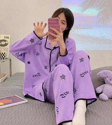 Lavender Star Dream Printed Button Style Full Sleeves Pjs Set