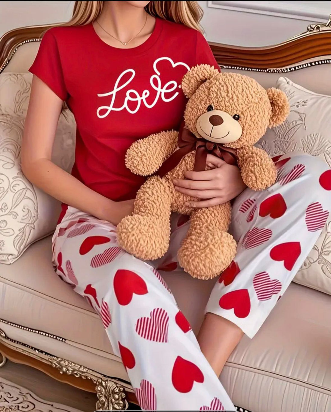Red Love Half Sleeves Tshirt with Pajama The Ultimate Dream Wear Sleep Suit (OM-185)
