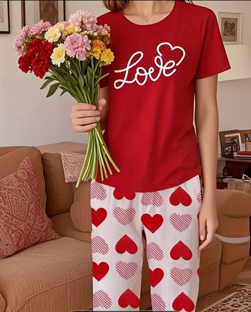 Red Love Half Sleeves Tshirt with Pajama The Ultimate Dream Wear Sleep Suit (OM-185)