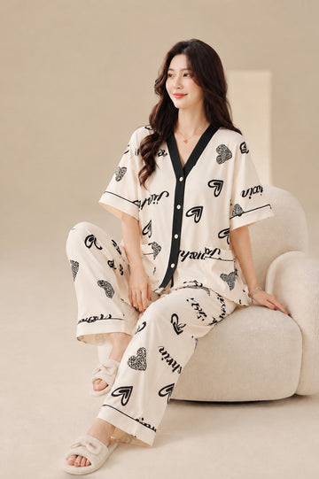 Off White with Black Heart Drop Shoulder V Neck Button Pjs Set