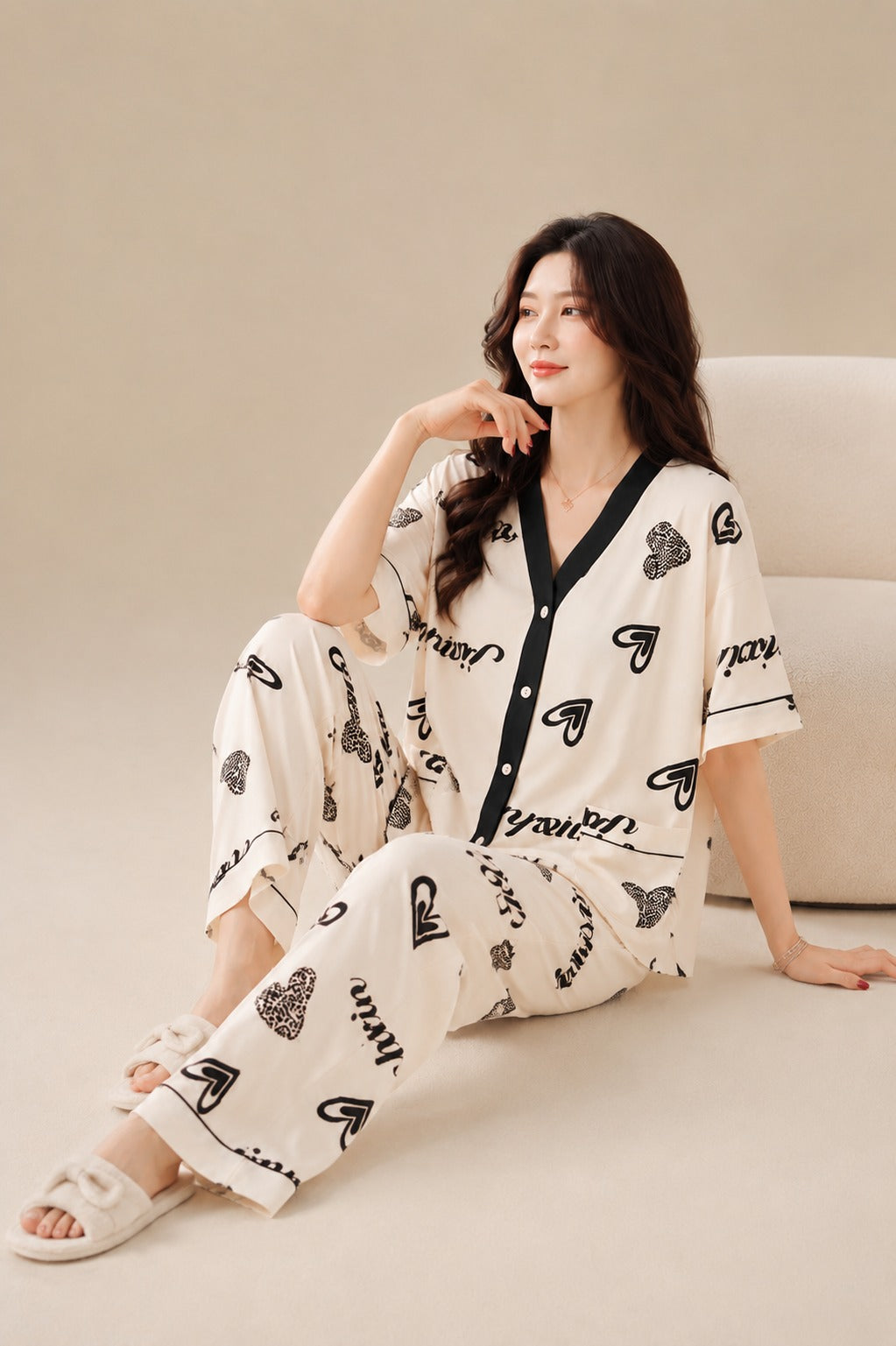 Off White with Black Heart Drop Shoulder V Neck Button Pjs Set