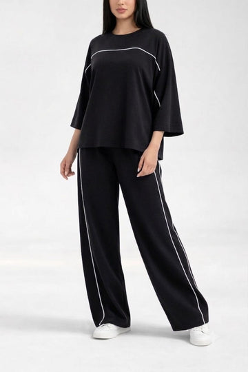 Black with White Lining Plain Plazzo The Ultimate Dream Wear Loungwear (OM-1161)