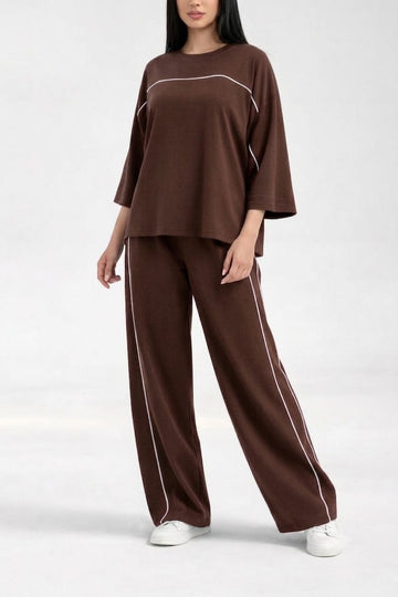 Brown with White Lining Plain Plazzo The Ultimate Dream Wear Loungwear (OM-1161)