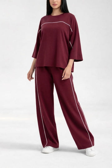 Maroon with White Lining Plain Plazzo The Ultimate Dream Wear Loungwear (OM-1161)