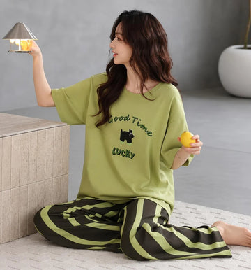Olive green Good times lucky printed half sleeves The Ultimate Dream Wear Sleep Suit (OM-187)