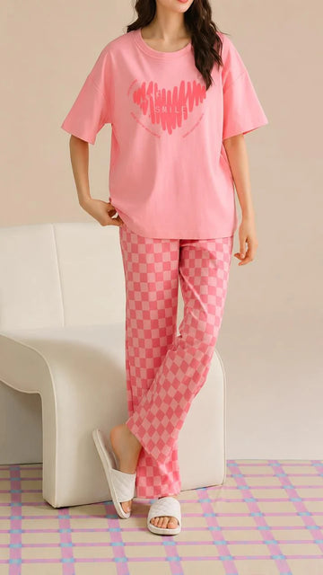 Pink Big Smile Hearts printed half sleeves The Ultimate Dream Wear Sleep Suit (OM-188)