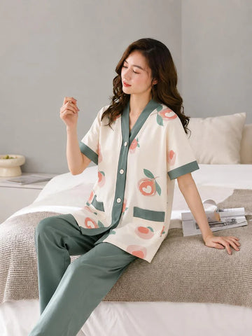 Off white Big Apples Printed Button V-Neck Half Sleeves PJ Set