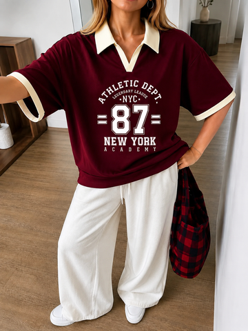 Maroon NYC Oversized Polo With White Baggy Trouser Set