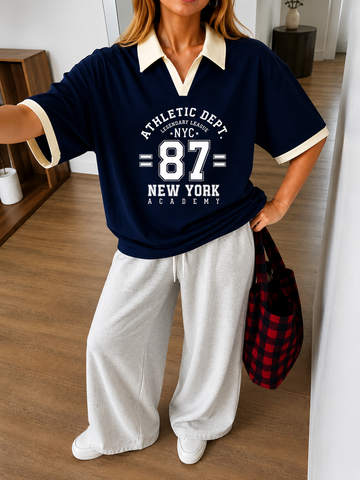 Navy NYC Oversized Polo With White Baggy Trouser Set