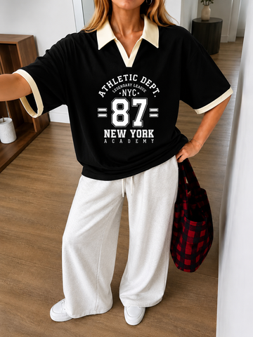 Black NYC Oversized Polo With White Baggy Trouser Set