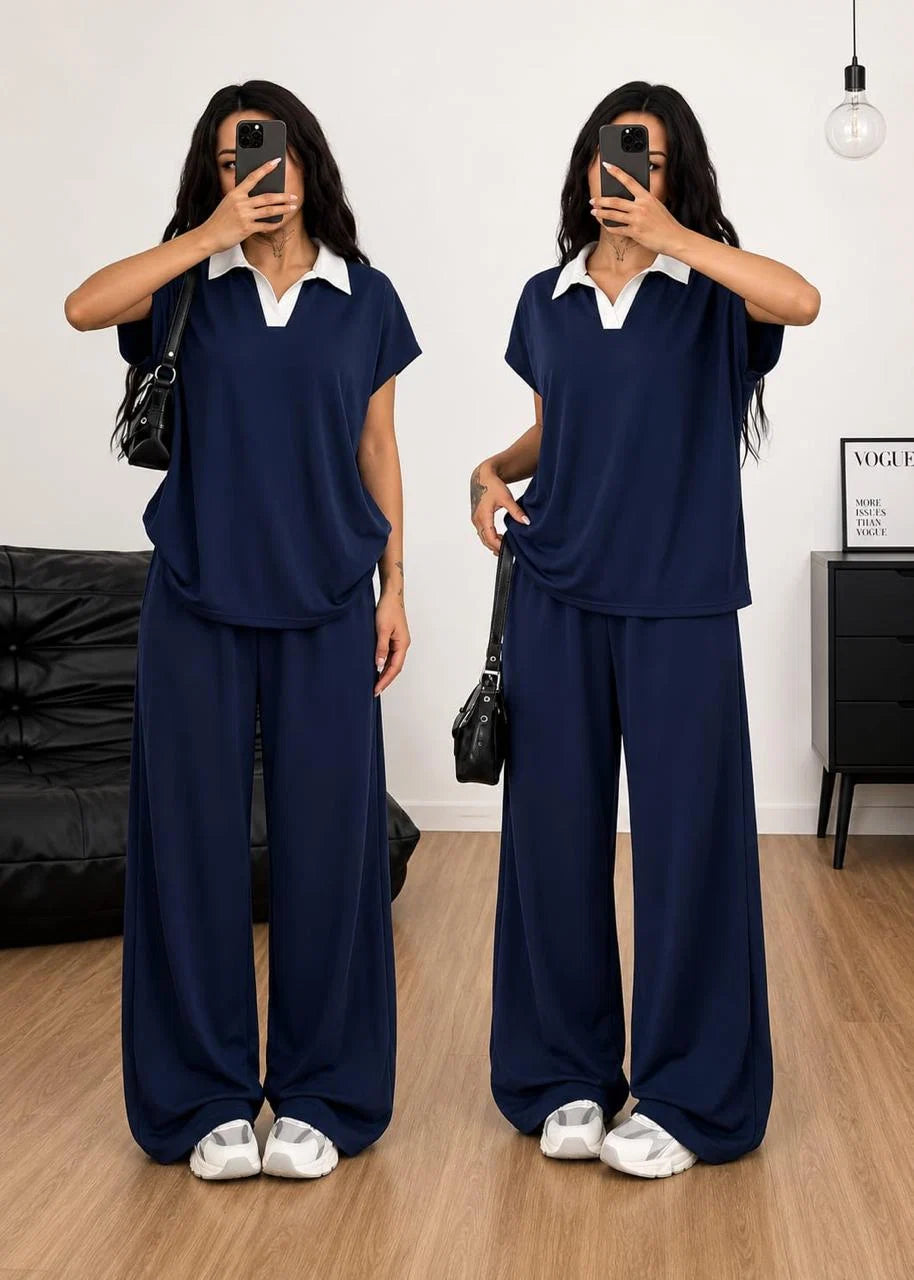 Navy Blue White Collar Co-Ord Set For Her omii.pk