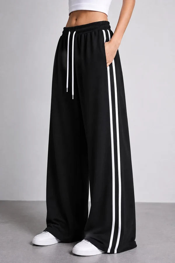 Black Wide Leg Side Stripe Baggy Trouser For Her omii.pk