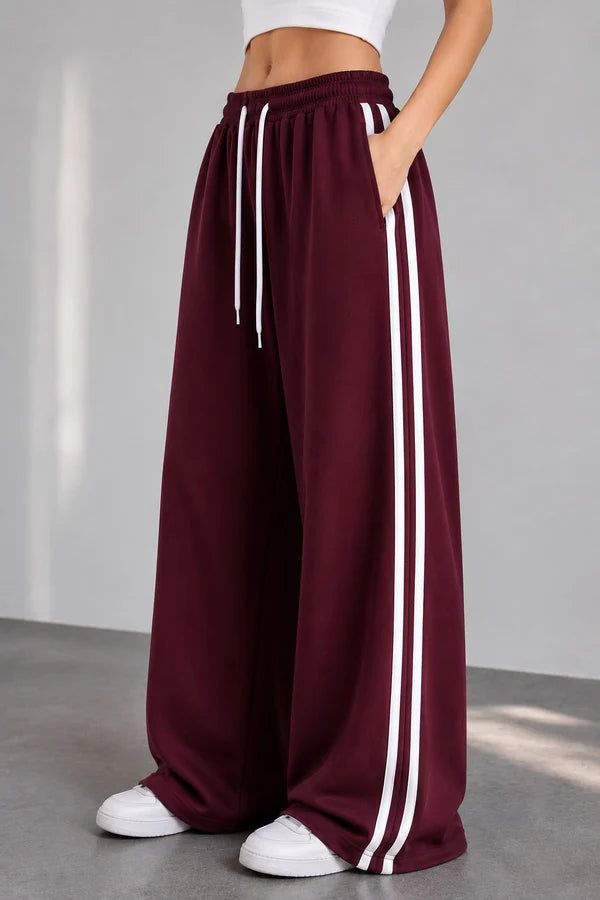 Maroon Wide Leg Side Stripe Baggy Trouser For Her omii.pk