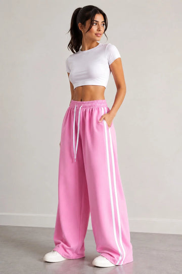 Baby Pink Wide Leg Side Stripe Baggy Trouser For Her omii.pk