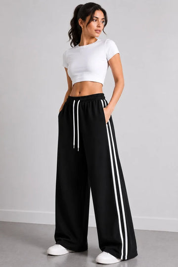 Black Wide Leg Side Stripe Baggy Trouser For Her omii.pk
