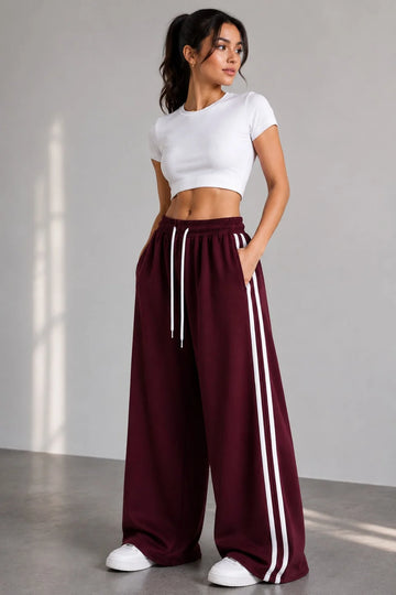 Maroon Wide Leg Side Stripe Baggy Trouser For Her omii.pk